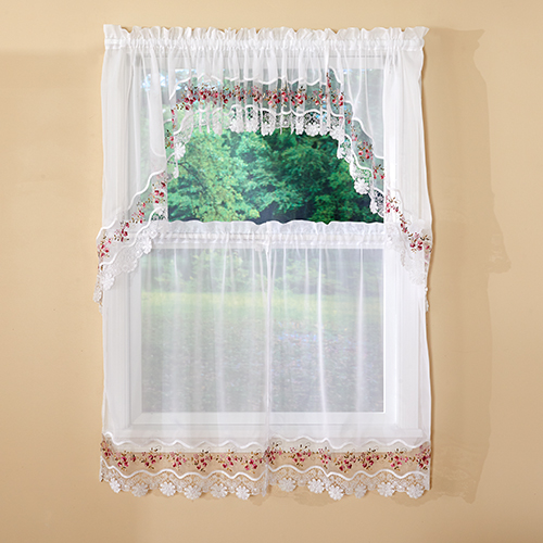 Vintage Embroidered Macrame Trim Kitchen Curtains