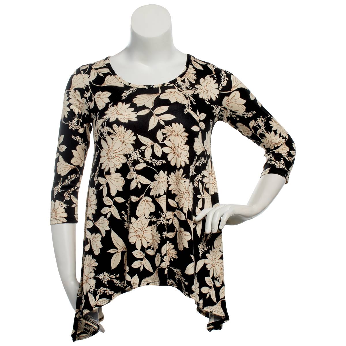 Womens C'est La Vie 3/4 Sleeve Floral Leaf Shark Bite Hem Tee