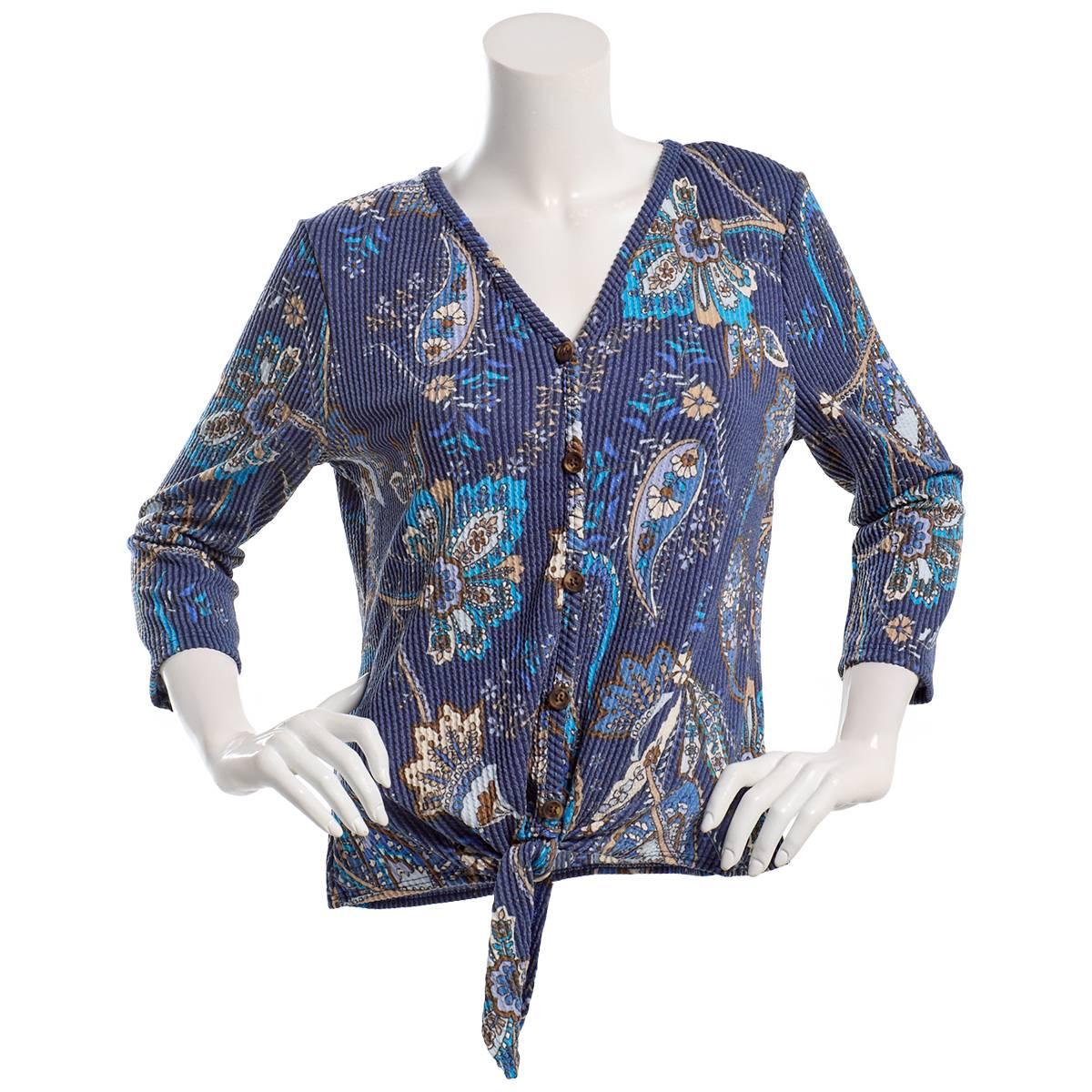 Womens C'est La Vie 3/4 Sleeve Cozy Rib Faux Button Blouse