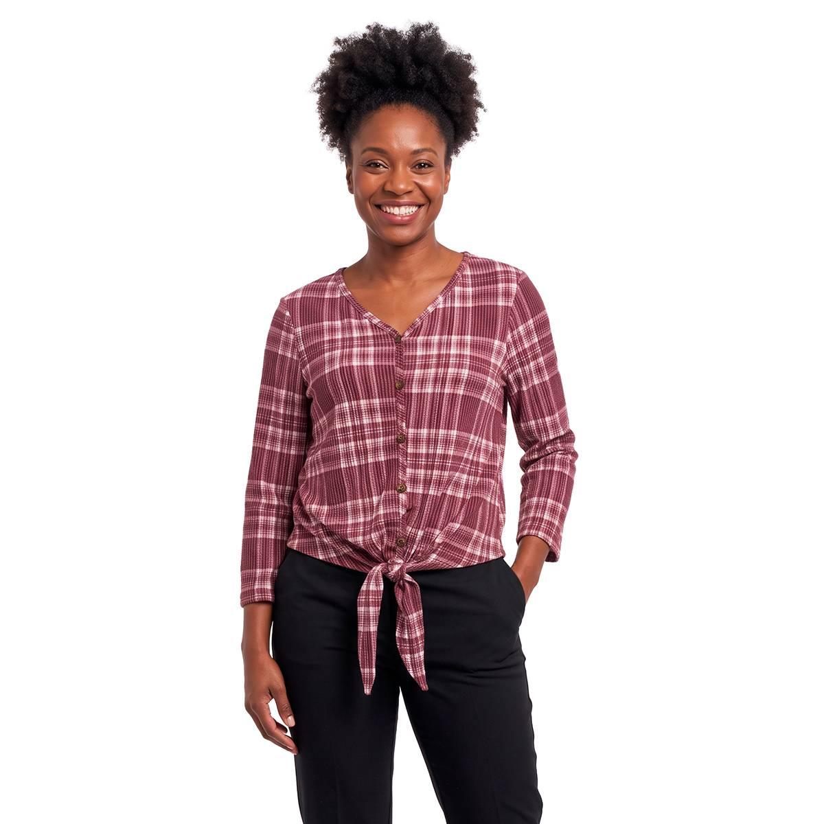 Womens C'est La Vie 3/4 Sleeve Plaid Ribbed Tie Hem Blouse