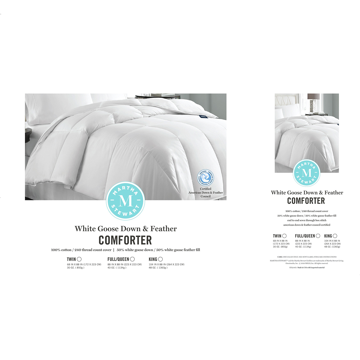 Blue Ridge Martha Stewart 250TC Goose Down And Feather Comforter