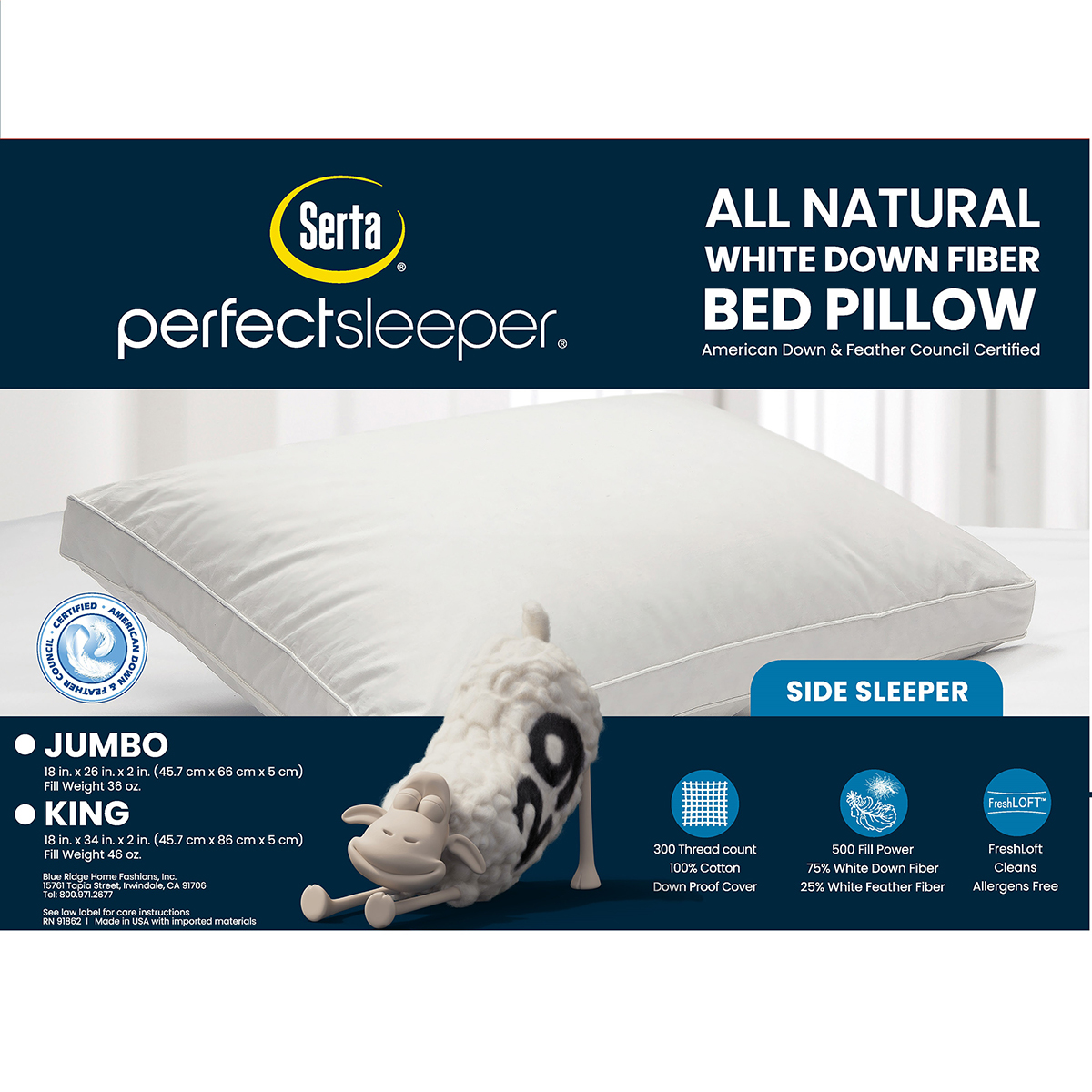 Serta(R) 300 TC White Down Fiber Side Sleeper Bed Pillow - Jumbo