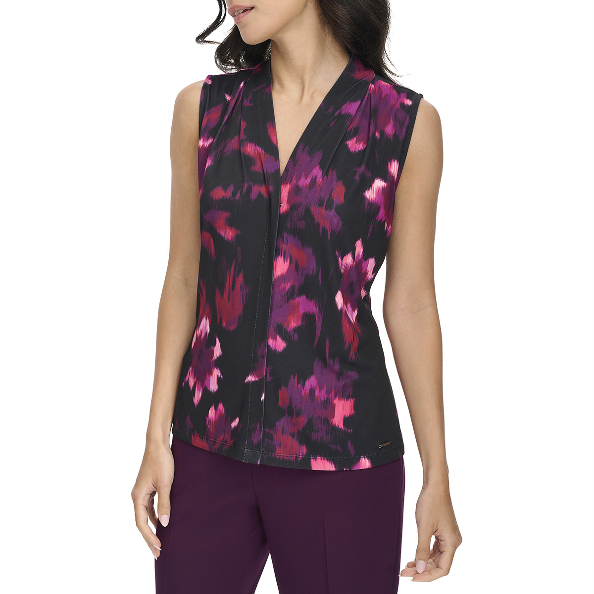 Womens Calvin Klein Sleeveless Smudge Floral V-Neck Blouse