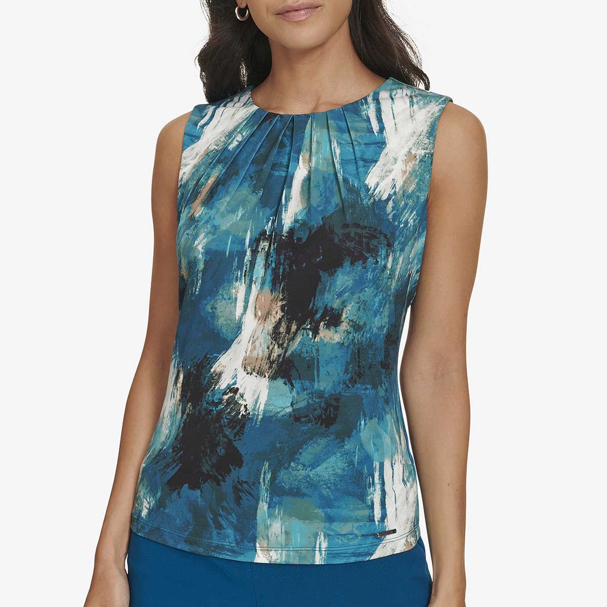 Petite Calvin Klein Sleeveless Watercolor Pleat Neck Blouse