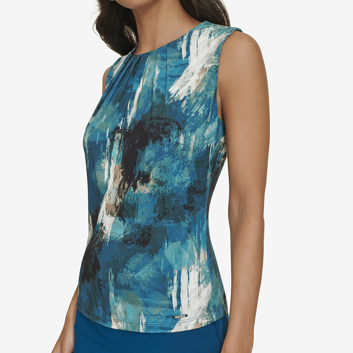 Petite Calvin Klein Sleeveless Watercolor Pleat Neck Blouse