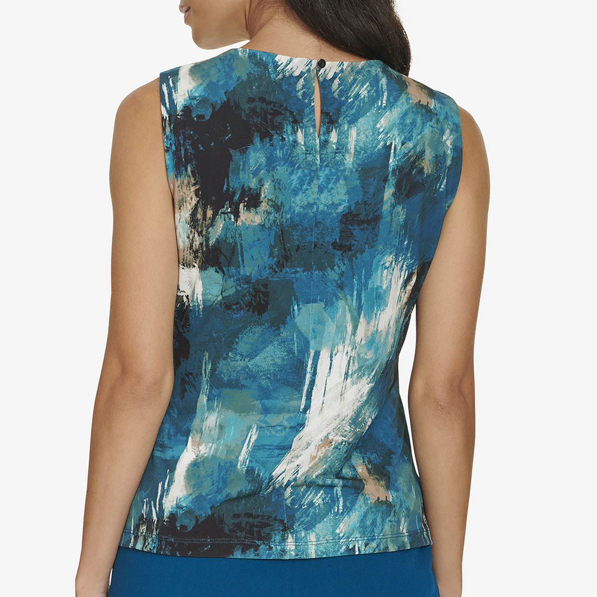 Petite Calvin Klein Sleeveless Watercolor Pleat Neck Blouse