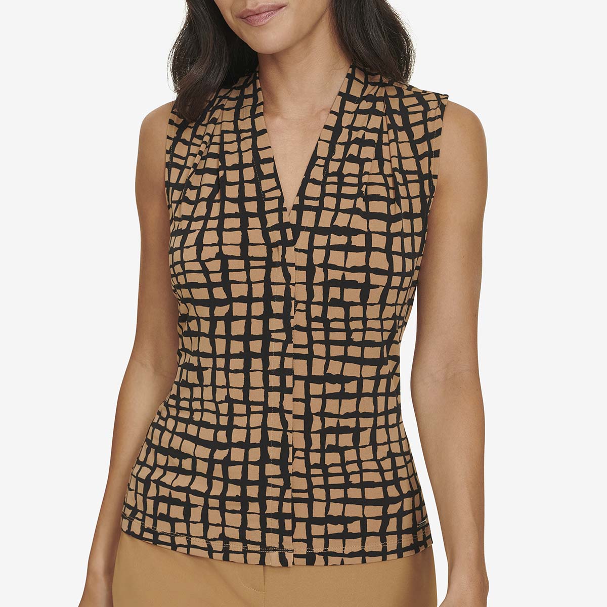 Womens Calvin Klein Sleeveless V-Neck Grid Blouse