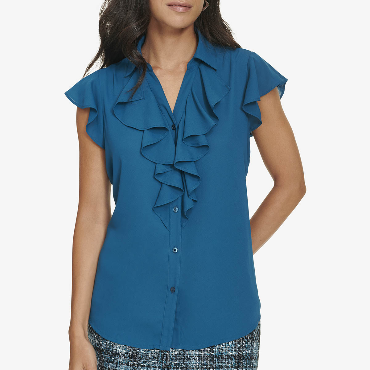 Petite Calvin Klein Cap Sleeve Solid Ruffle Front Blouse