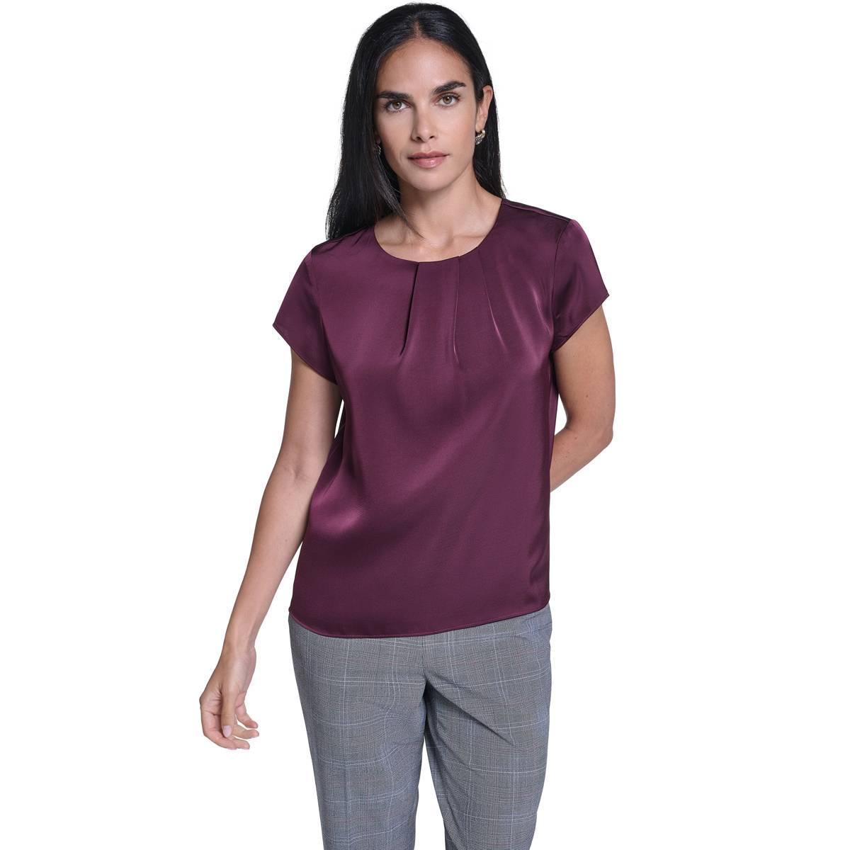 Womens Calvin Klein Short Sleeve Solid Pleated Neck Blouse