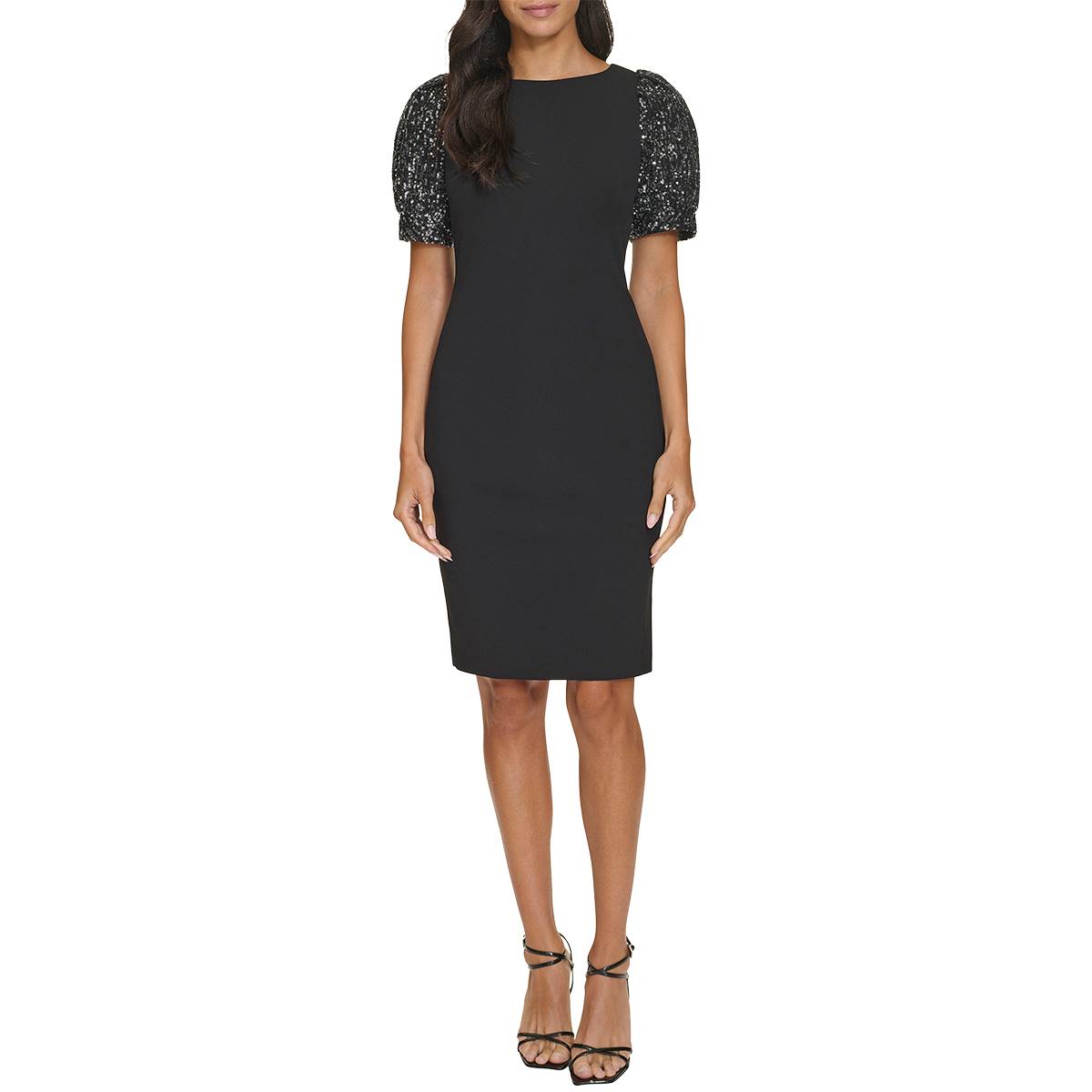 Womens Calvin Klein Short Sequin Sleeve Crepe Sheath Dress