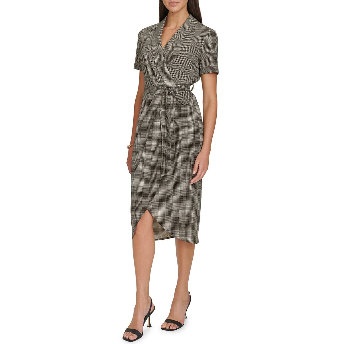 Womens Calvin Klein Short Sleeve Plaid Tulip Wrap Dress