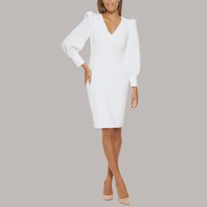 ladies calvin klein dresses Scuba Crepe Sheath with Bell Sleeves Ultramarine 2 at Amazon Women's Clothing store styled with a tonal Calvin Klein logo at the center front Calvin Klein Dress 6 Ladies