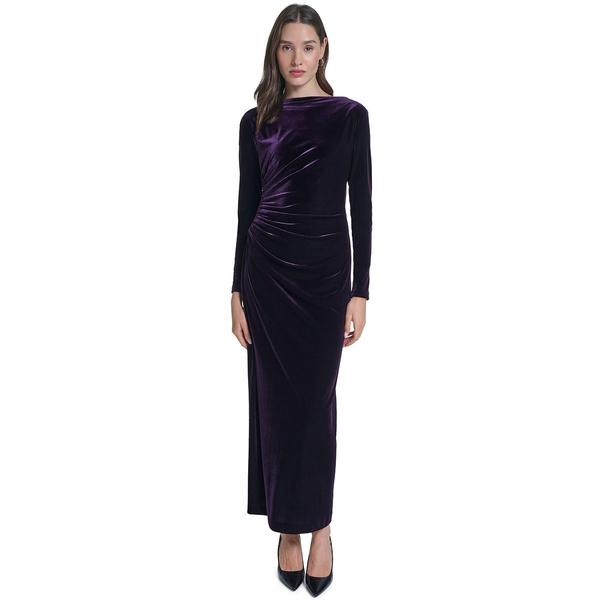 Womens Calvin Klein Long Sleeve Ruched Side Velvet Gown