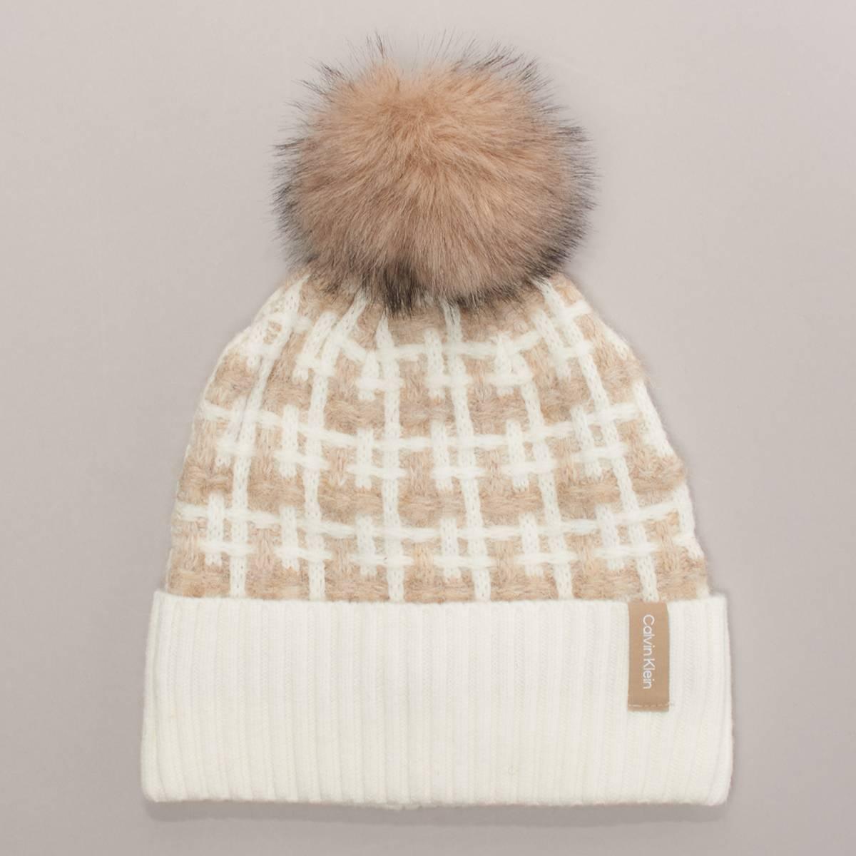 Calvin Klein Women's Grid Knit Pom Beanie - Cream
