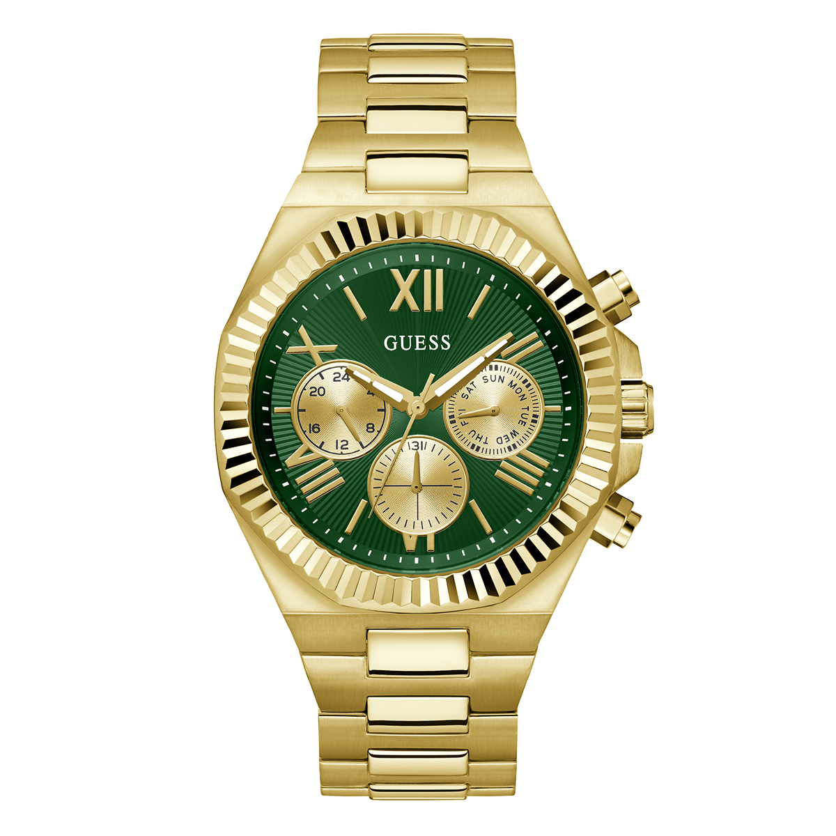 Mens GUESS Gold-Tone Multi Function Dress Watch - GW0703G2