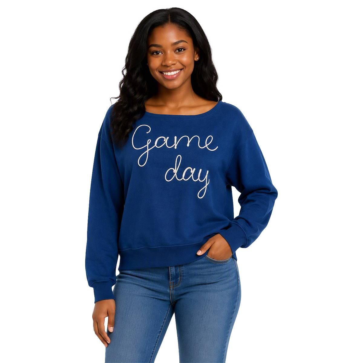 Game Day Fleece Womens Juniors Crew Neck Long Sleeve Sweatshirt, Medium, Blue
