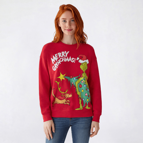 Juniors Merry Grinchmas Dog Crew Neck Fleece Sweatshirt