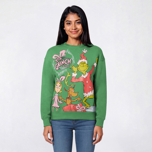 Juniors Grinch Crew Presents Crew Neck Fleece Sweatshirt