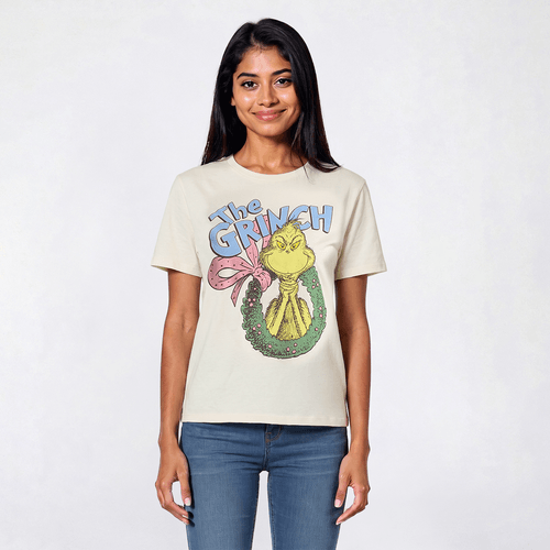 Juniors Hybrid Promotions Grinch Wreath Pearls Boyfriend Tee