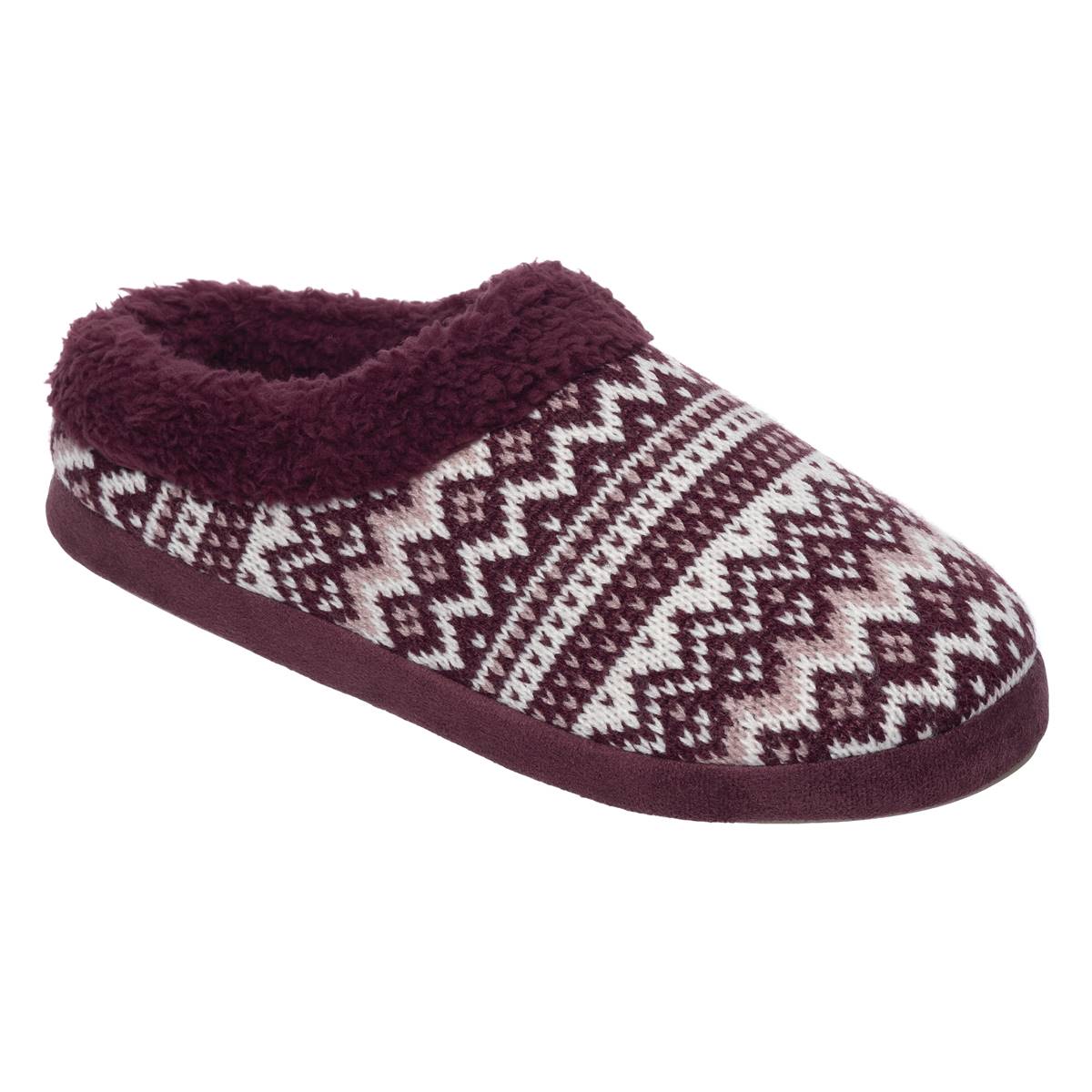 Womens Cuddl Duds(R) Fair Isle Faux Fur Collar Knit Clog Slippers