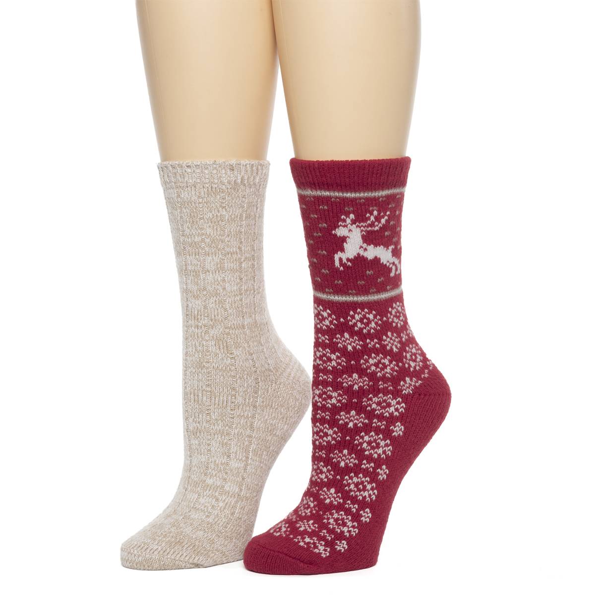 Womens Cuddl Duds(R) 2pk. Reindeer Snowflake Rib Boot Crew Socks