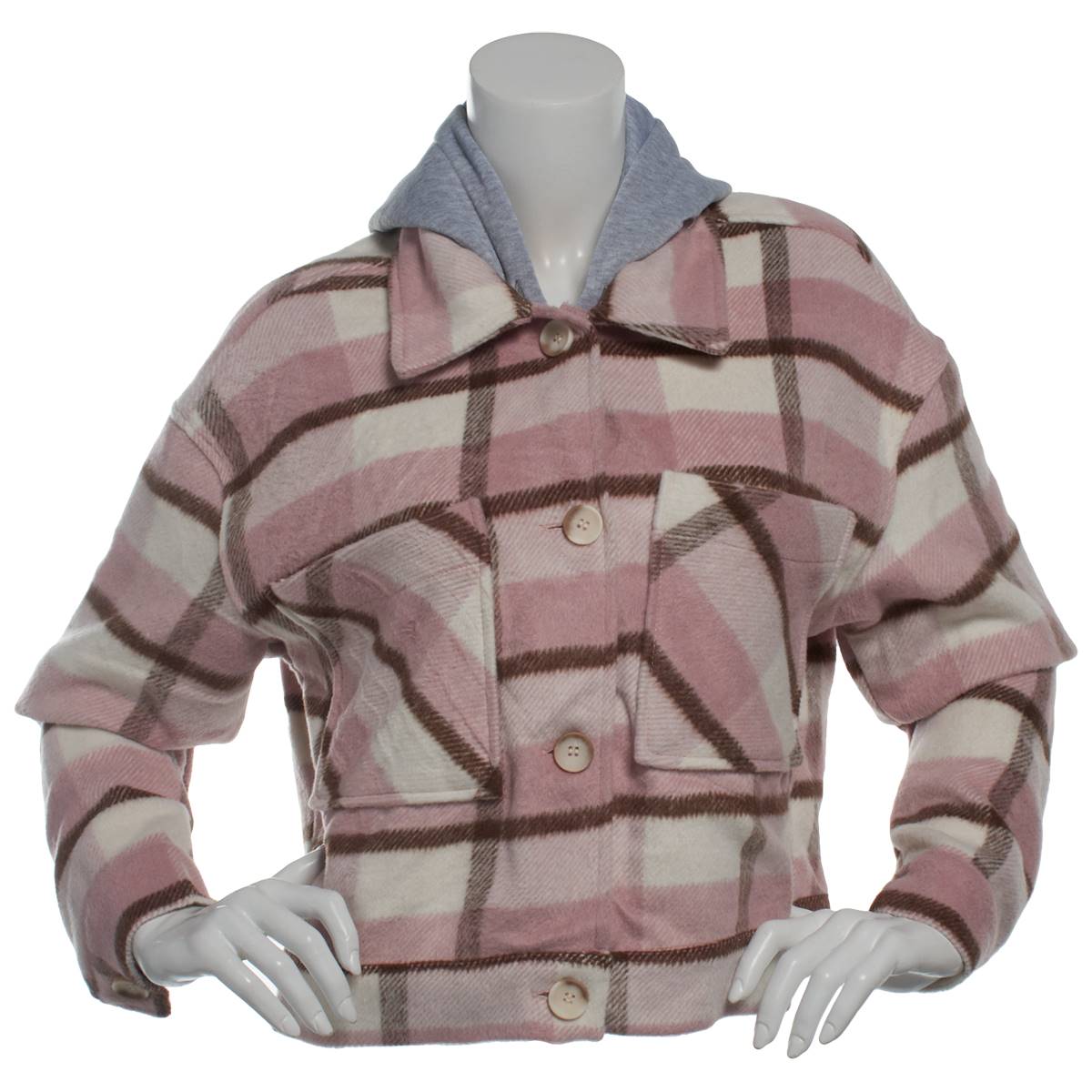 Juniors Stoosh Mavis Hooded Cropped Flannel Shacket