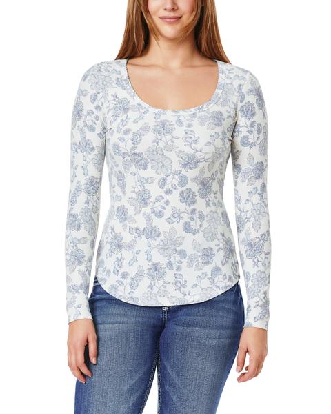 Juniors Wallflower Long Sleeve Floral Ribbed Scoop Neck Tee-White