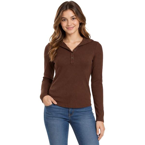 Juniors Wallflower Long Sleeve Manchester Henley Top- Coffee alternate view