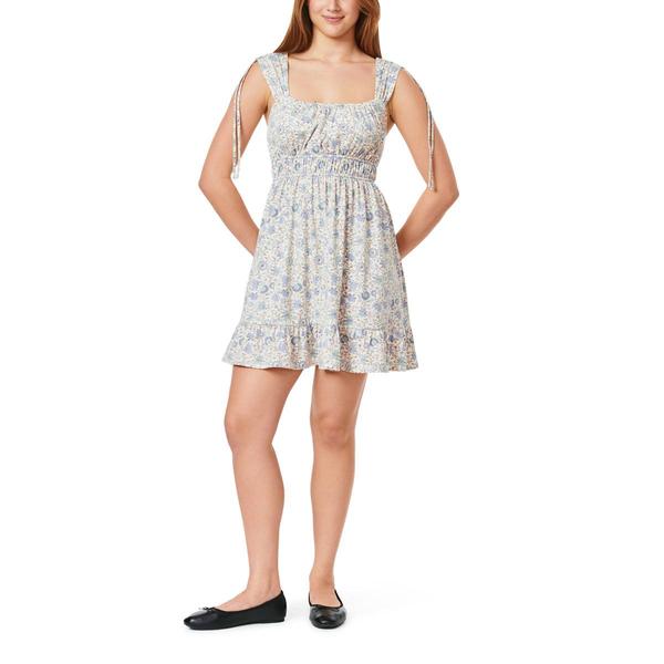 Juniors Wallflower Floral Tie Shoulder Smock Waist Ruffle Dress