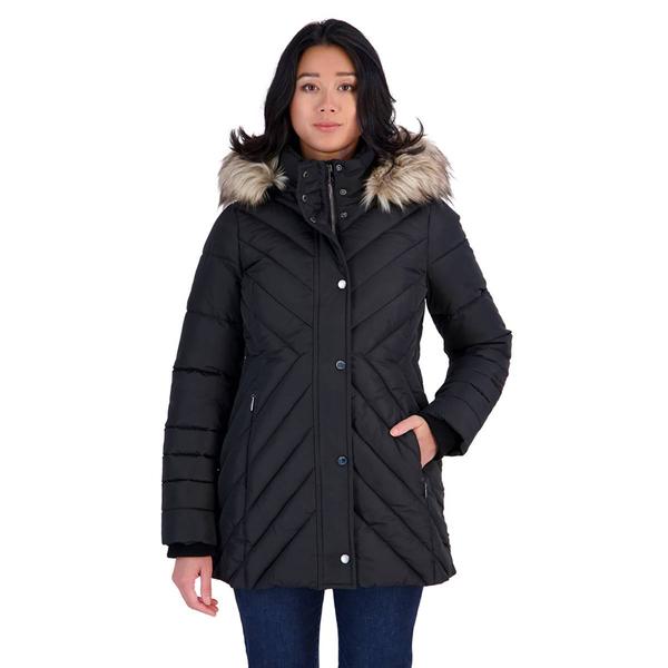 Petite London Fog Heavyweight Puffer Coat with Faux Fur Hood