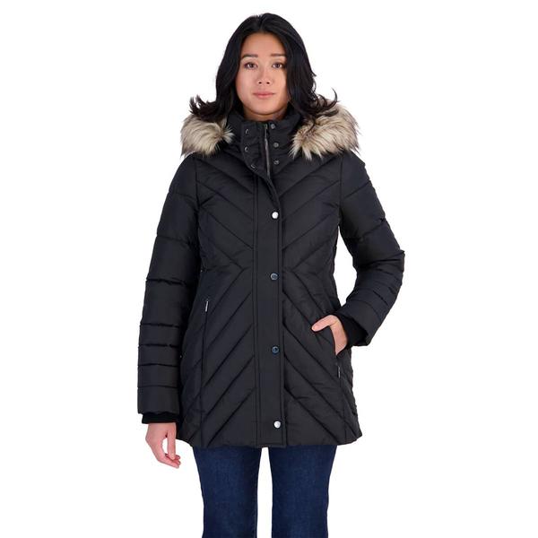 Petite London Fog Heavyweight Puffer Coat with Faux Fur Hood alternate view