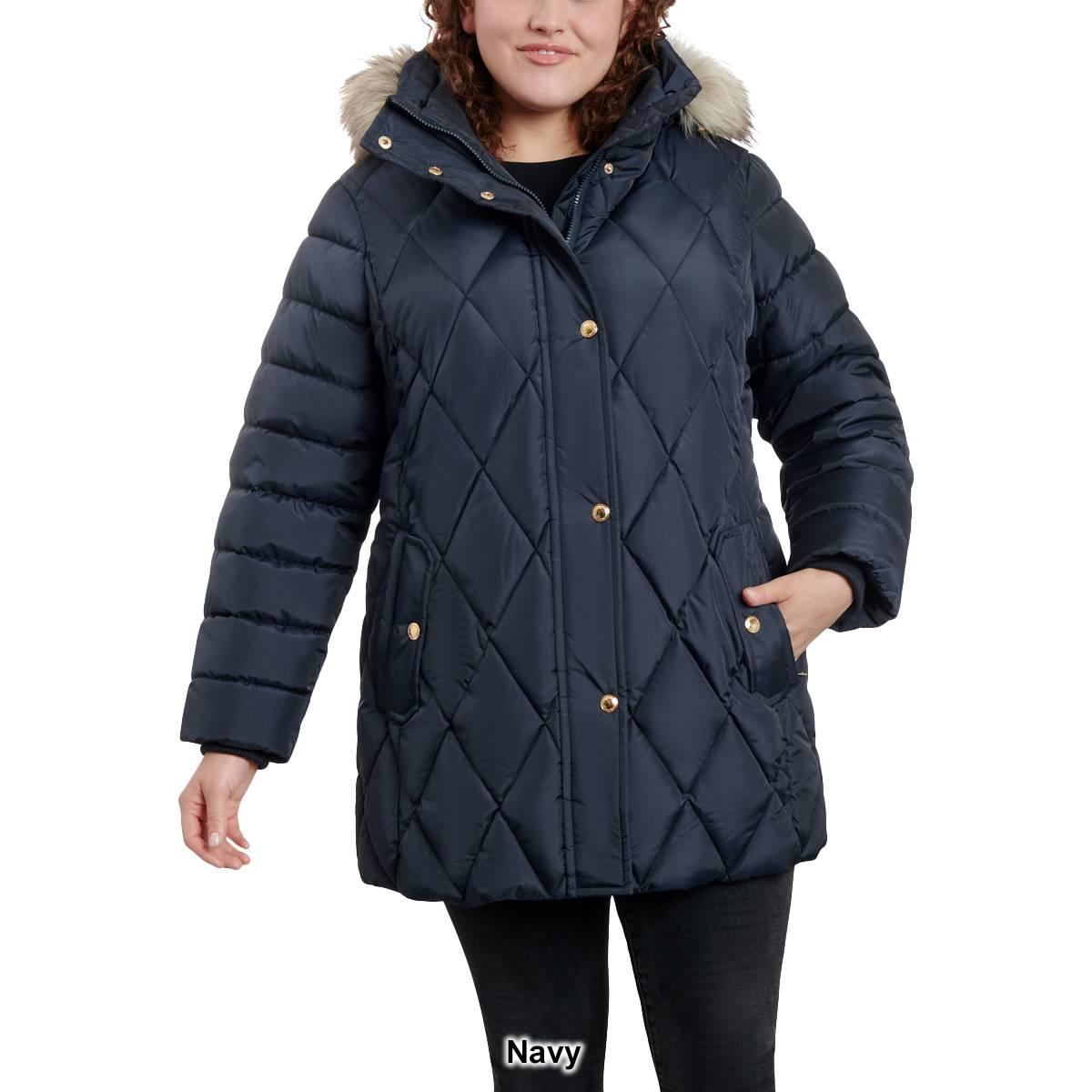 Plus Size London Fog Polyfill Puffer Coat W/Faux Fur Hood