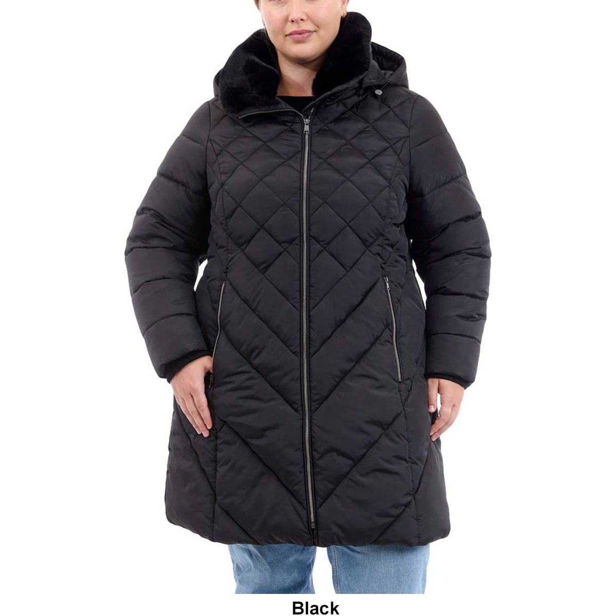 Plus Size London Fog Long Puffer Coat With Faux Fur Club Collar