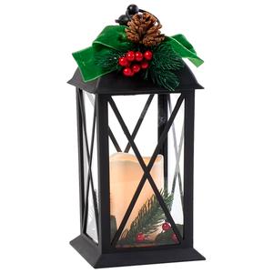 Decorative LED Lantern w/ Greens & Velvet Bow