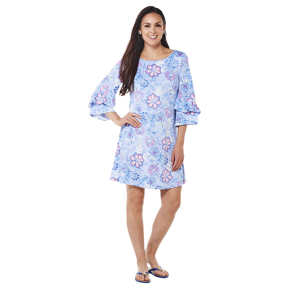 Petite Ruby Rd. Floral Ruffle Sleeve Shift ITY Dress-Cornflower