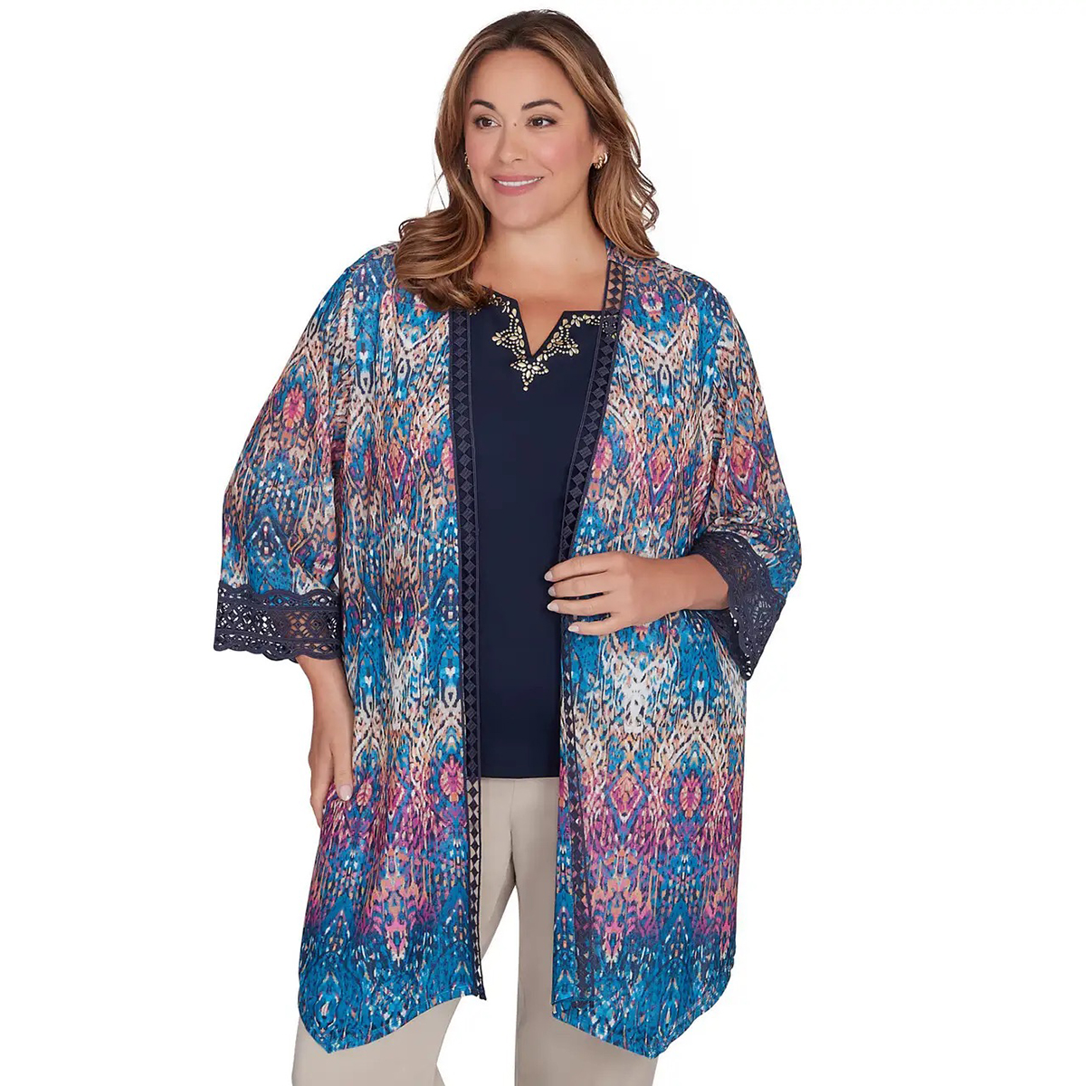 Plus Size Ruby Rd. Global Luxe Damask Mesh Cardigan