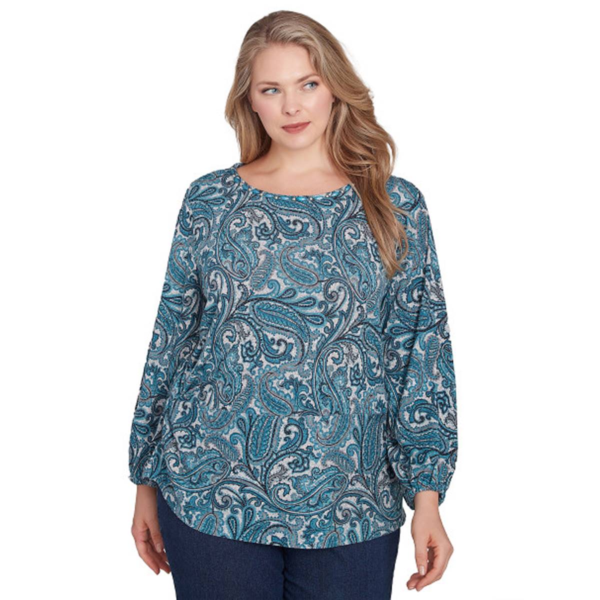 Plus Size Ruby Rd. 3/4 Sleeve Paisley Twist Side Blouse