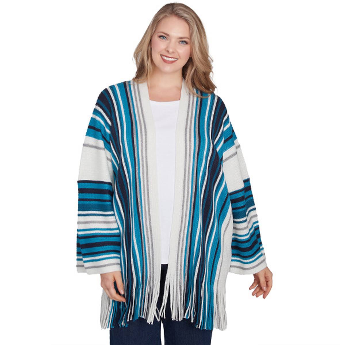 Plus Size Ruby Rd. Wintery Glow Striped Fringe Hem Cardigan