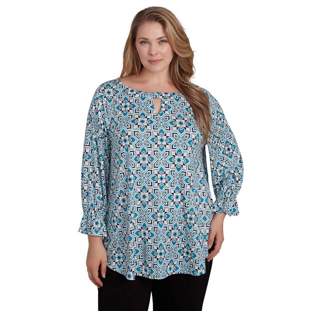 Plus Size Ruby Rd. Wintery Glow Long Sleeve Keyhole Neck Tee