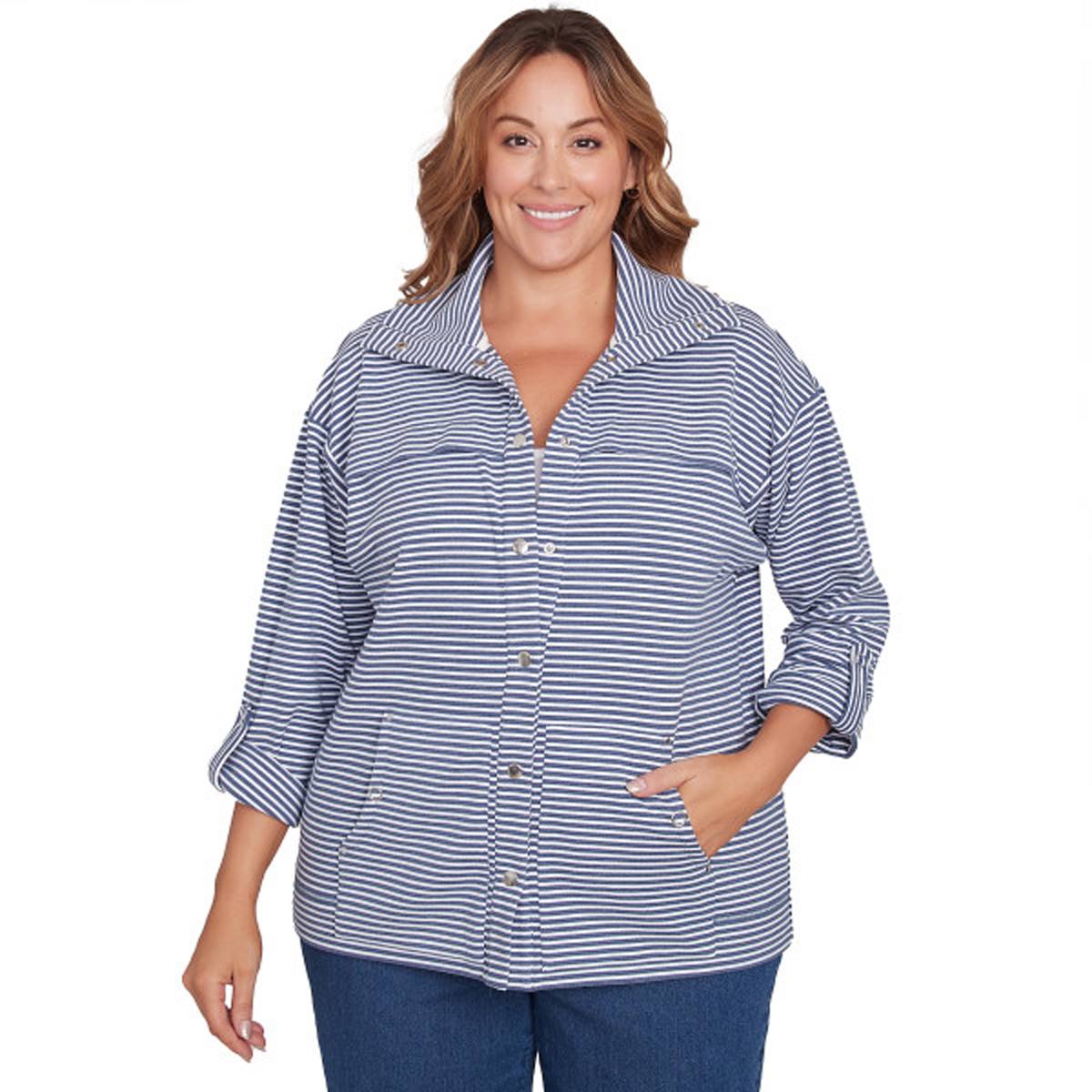 Plus Size Ruby Rd. Casual Luxe Striped Snap Button Front Jacket