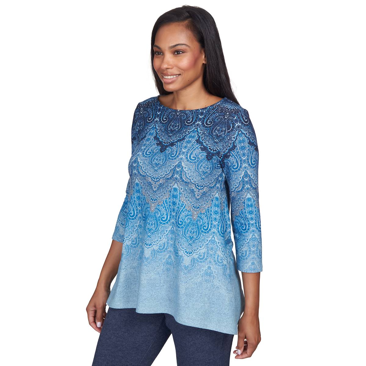 Petite Ruby Rd. Cozy Vibes Cozy Casual Scroll Lace Tunic