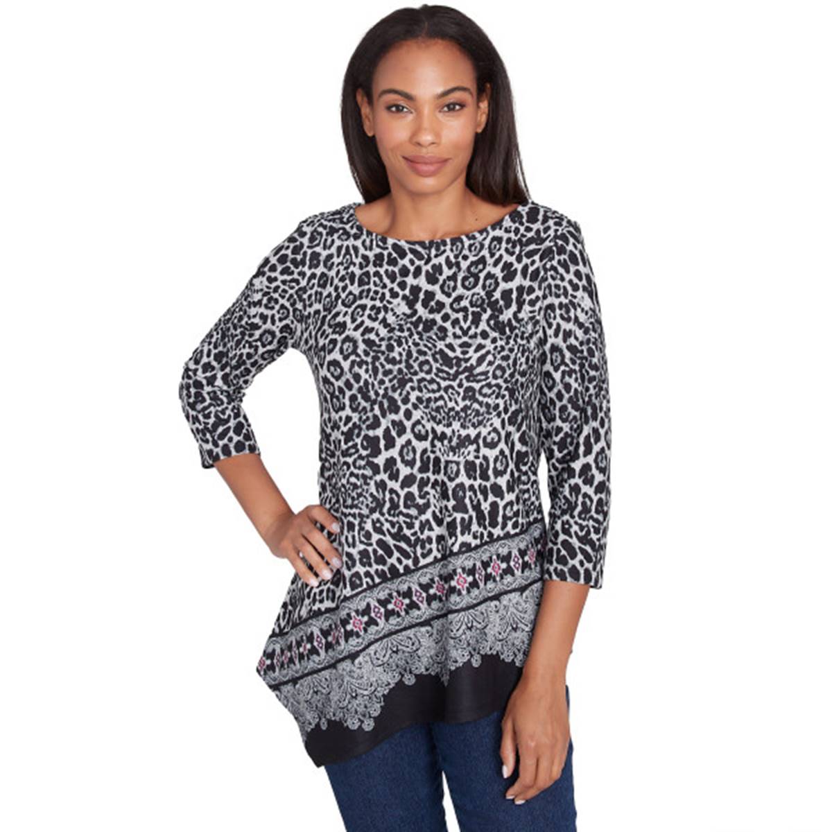 Petite Ruby Rd. Cozy Season Asymmetric Leopard Tee