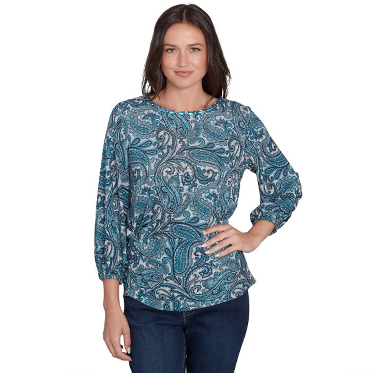 Petite Ruby Rd. 3/4 Sleeve Paisley Twist Side Blouse