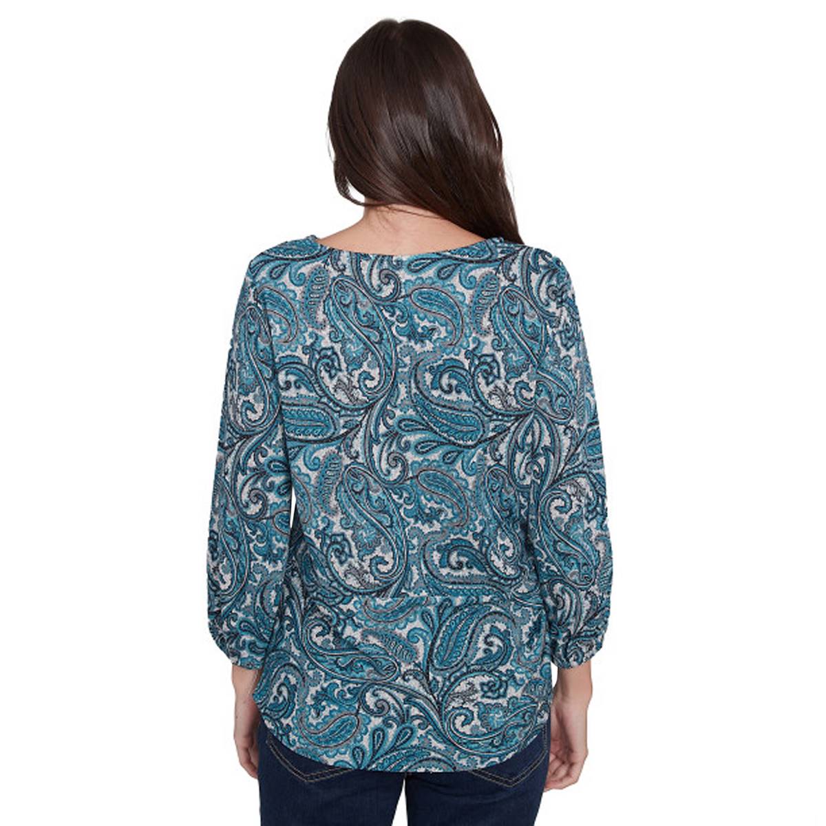 Petite Ruby Rd. 3/4 Sleeve Paisley Twist Side Blouse