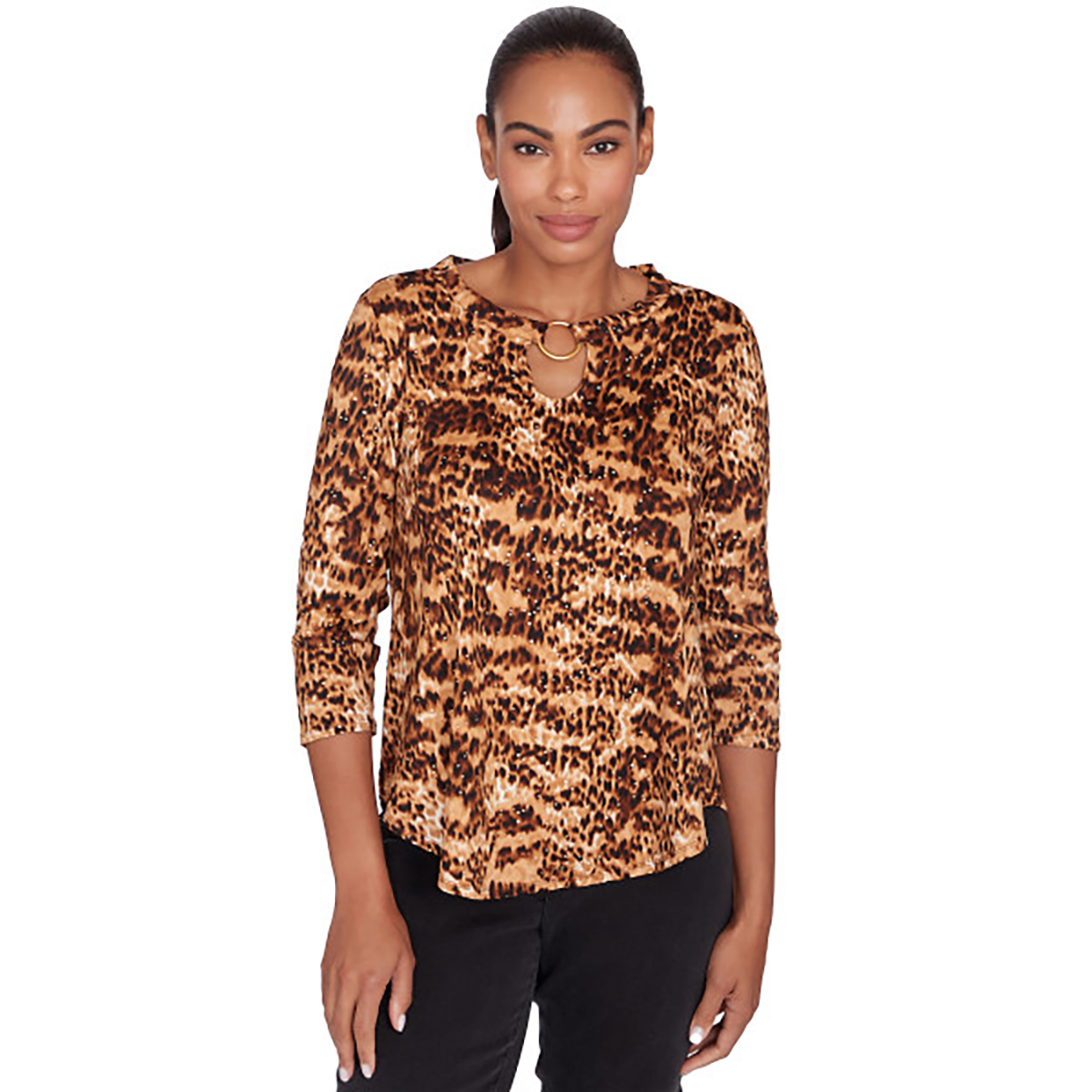 Petite Ruby Rd. Go Wild 3/4 Sleeve Animal Dew Blouse