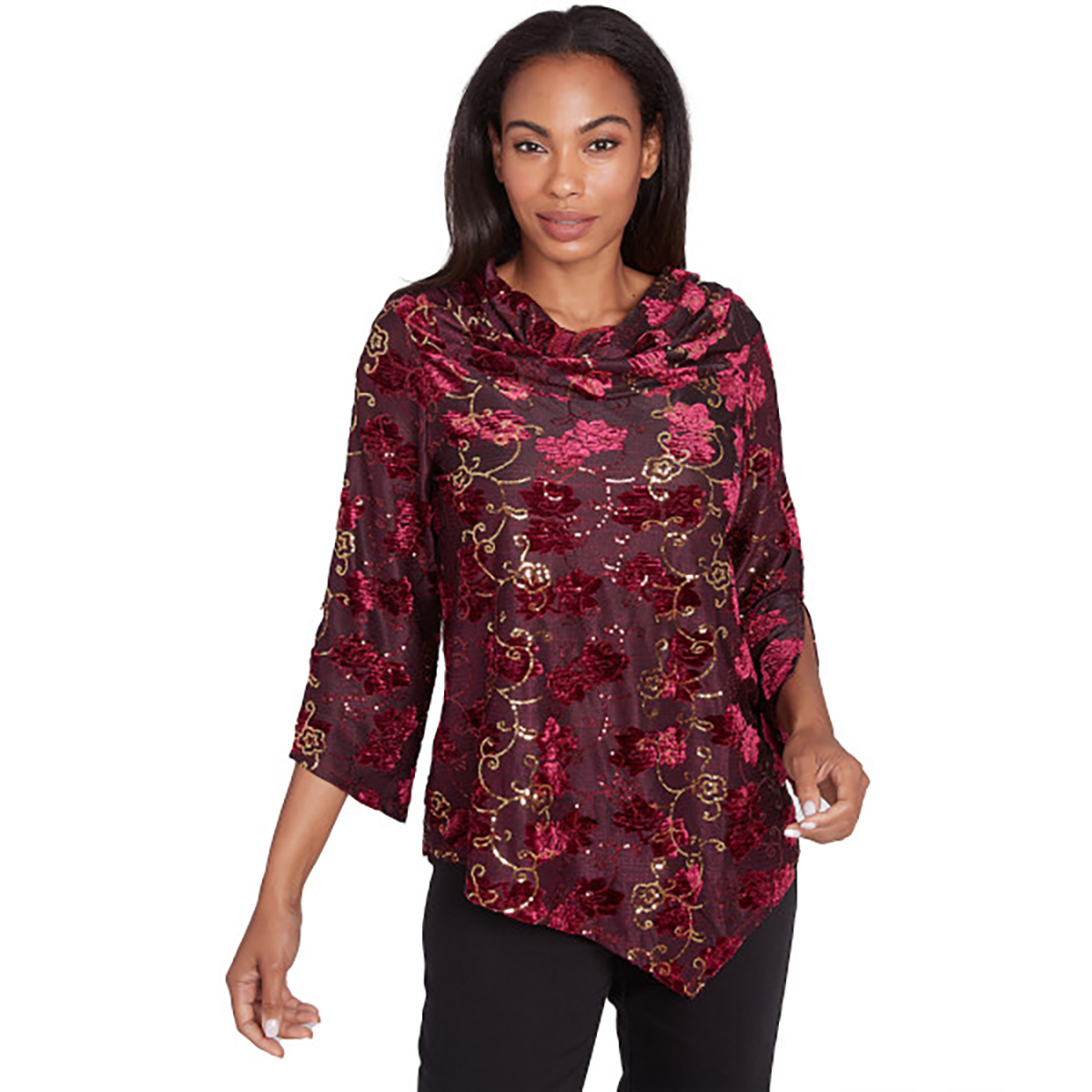 Womens Ruby Rd. Berry Glam Drape Neck Floral Velvet Blouse