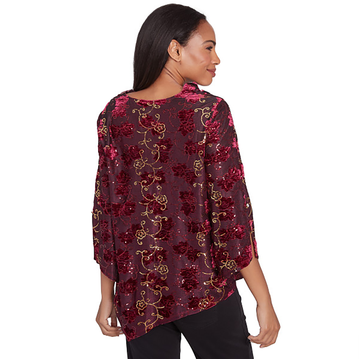 Womens Ruby Rd. Berry Glam Drape Neck Floral Velvet Blouse