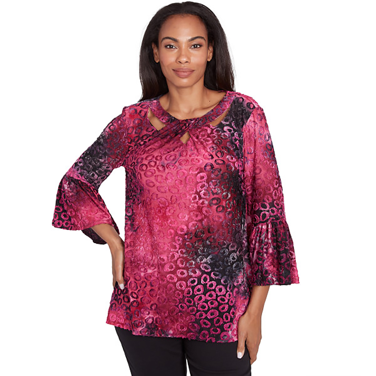 Womens Ruby Rd. Berry Glam 3/4 Flared Sleeves Jacquard Blouse