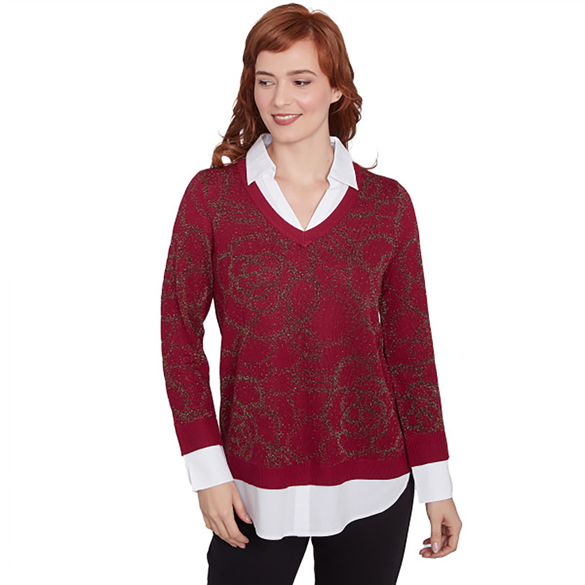 Petite Ruby Rd. Berry Glam Long Sleeve Metallic Two In One Top