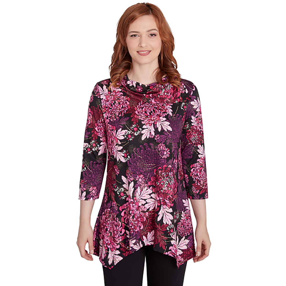 Petite Ruby Rd. Berry Glam 3/4 Sleeve Floral Cowl Neck Blouse